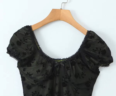 Nightingale Black Mesh Floral Pattern V Neck Short Sleeves Top