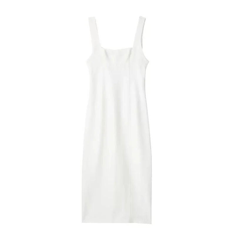 Odeya White Square Neckline Straight Cut Back Slit Sleeveless Midi Dress