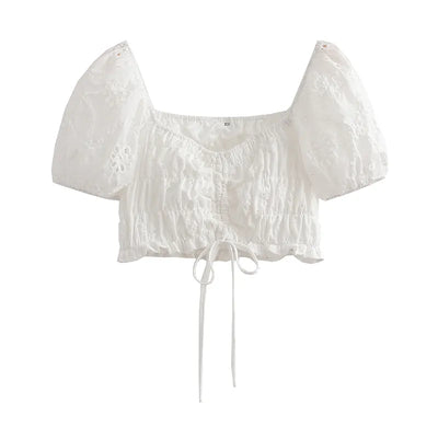 Olivett White Eyelet Square Neckline Puff Sleeves and Smocked Layered Mini Skirt Set