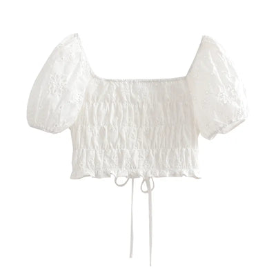 Olivett White Eyelet Square Neckline Puff Sleeves and Smocked Layered Mini Skirt Set