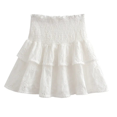 Olivett White Eyelet Square Neckline Puff Sleeves and Smocked Layered Mini Skirt Set