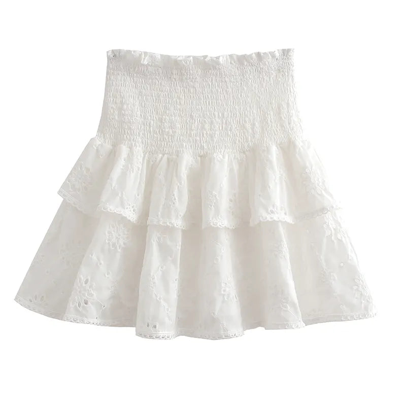 Olivett White Eyelet Square Neckline Puff Sleeves and Smocked Layered Mini Skirt Set