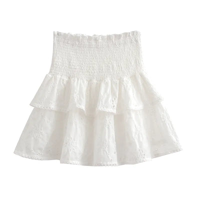 Olivett White Eyelet Square Neckline Puff Sleeves and Smocked Layered Mini Skirt Set