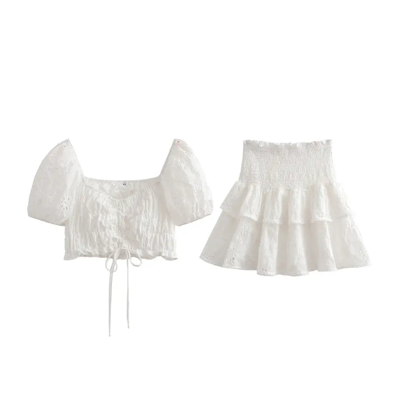 Olivett White Eyelet Square Neckline Puff Sleeves and Smocked Layered Mini Skirt Set
