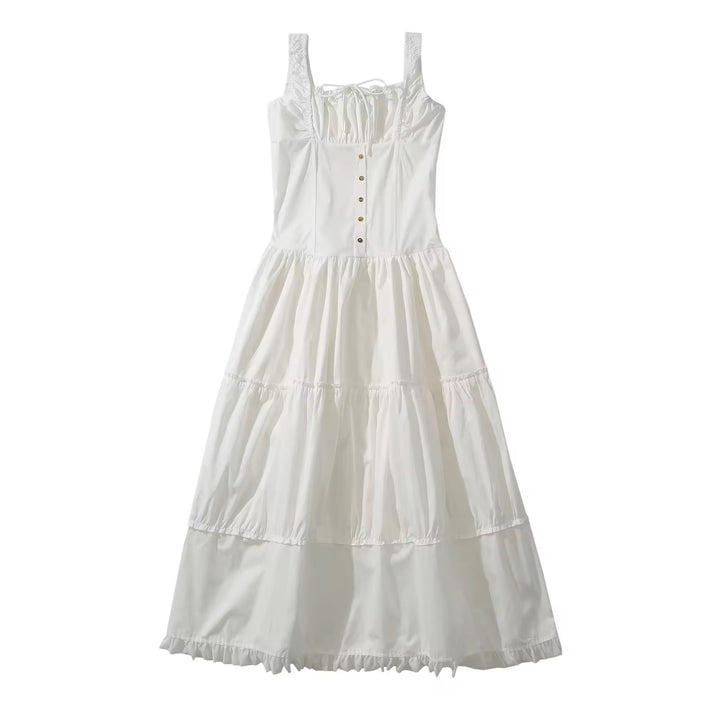 Odile White Ruched Bust Square Neck Sleeveless Tiered Midi Dress