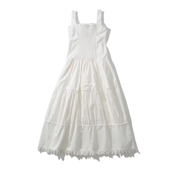 Odile White Ruched Bust Square Neck Sleeveless Tiered Midi Dress