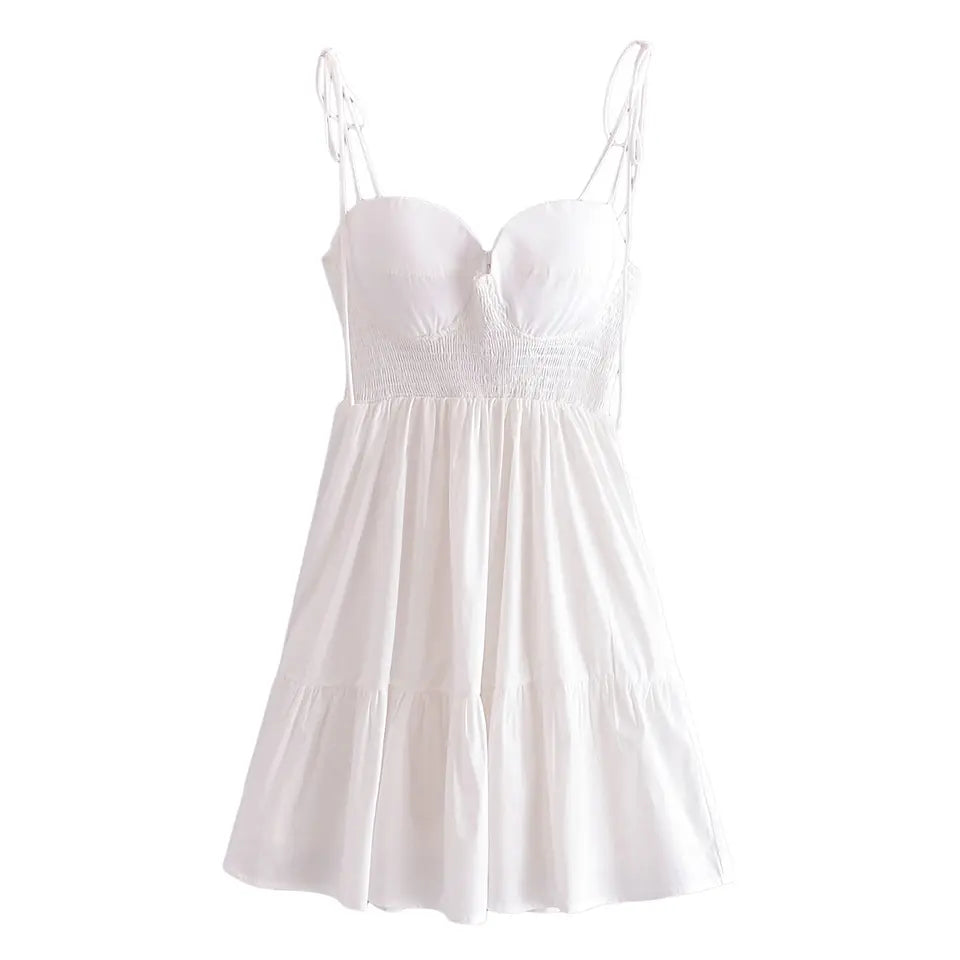 Portlyn White Padded Shaped Bust Sleeveless Self Tie Smocked Back Tiered Mini Dress