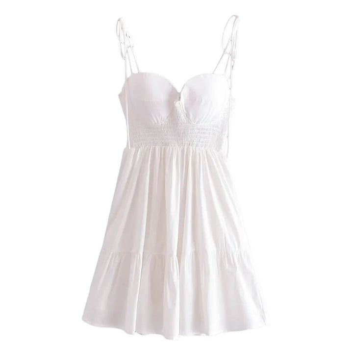 Portlyn White Padded Shaped Bust Sleeveless Self Tie Smocked Back Tiered Mini Dress