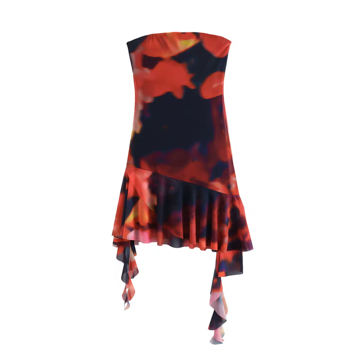 Primalia Multi Color Abstract Printed Asymmetric Ruffle Mini Dress