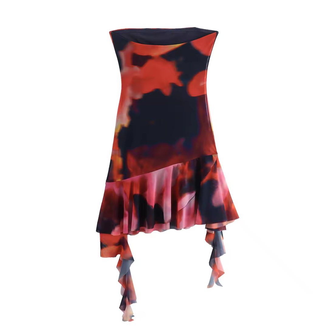 Primalia Multi Color Abstract Printed Asymmetric Ruffle Mini Dress
