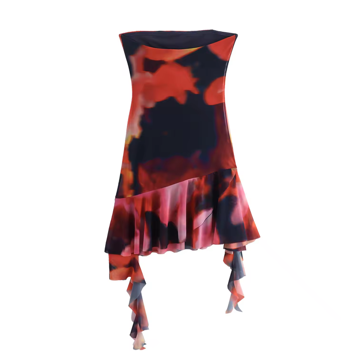 Primalia Multi Color Abstract Printed Asymmetric Ruffle Mini Dress