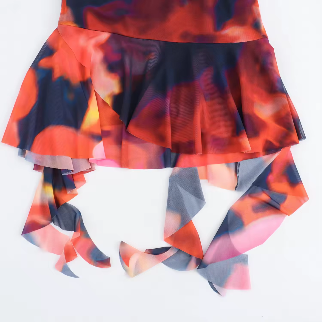 Primalia Multi Color Abstract Printed Asymmetric Ruffle Mini Dress