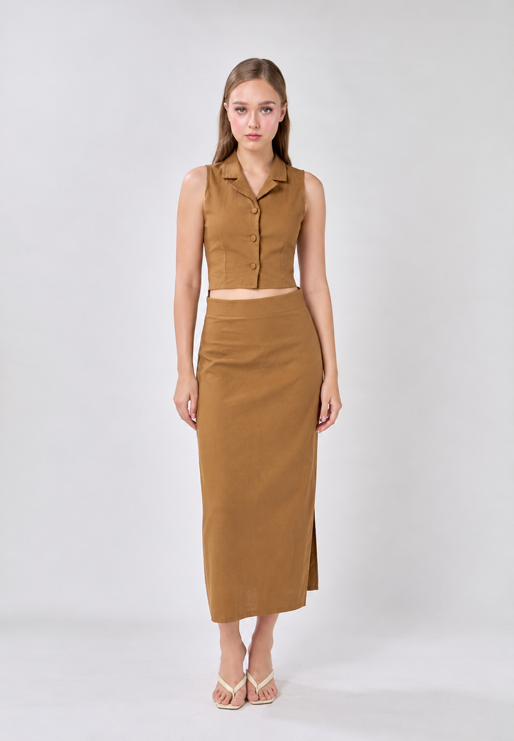 Quora Wood Brown Elastic Waist Side Zipper Midi Skirt