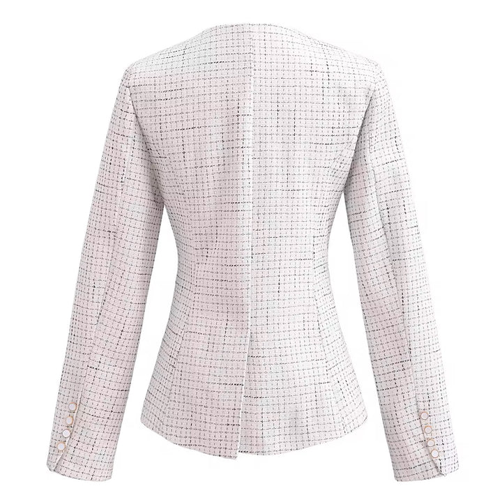 Quinevere White Tweed V Neck Single Breasted Button Down Long Sleeves Blazer
