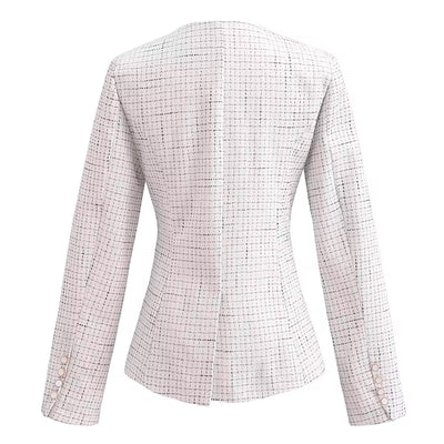 Quinevere White Tweed V Neck Single Breasted Button Down Long Sleeves Blazer