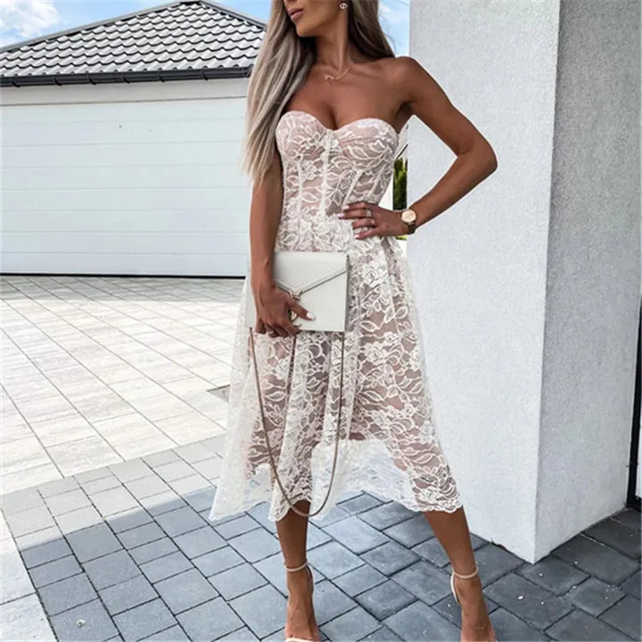 River White Sweetheart Neck Tube Lace  Midi Dress