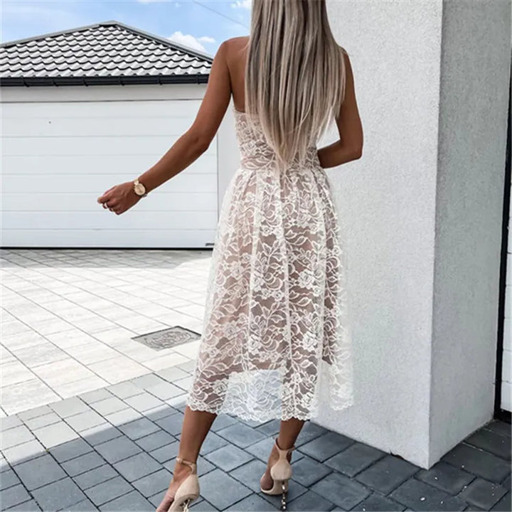 River White Sweetheart Neck Tube Lace  Midi Dress