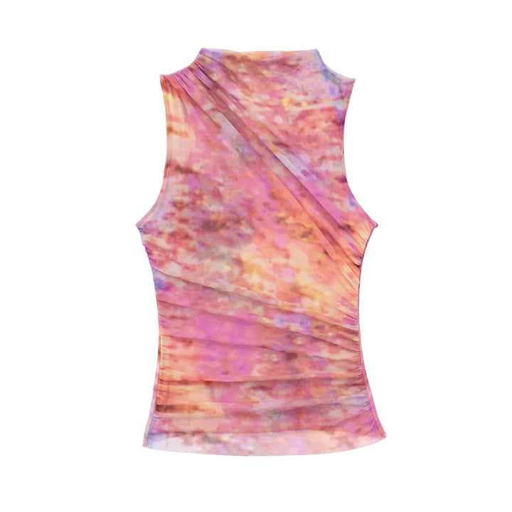 Radha Multi Color Tie Dye Crew Neckline Pleated Mesh Top