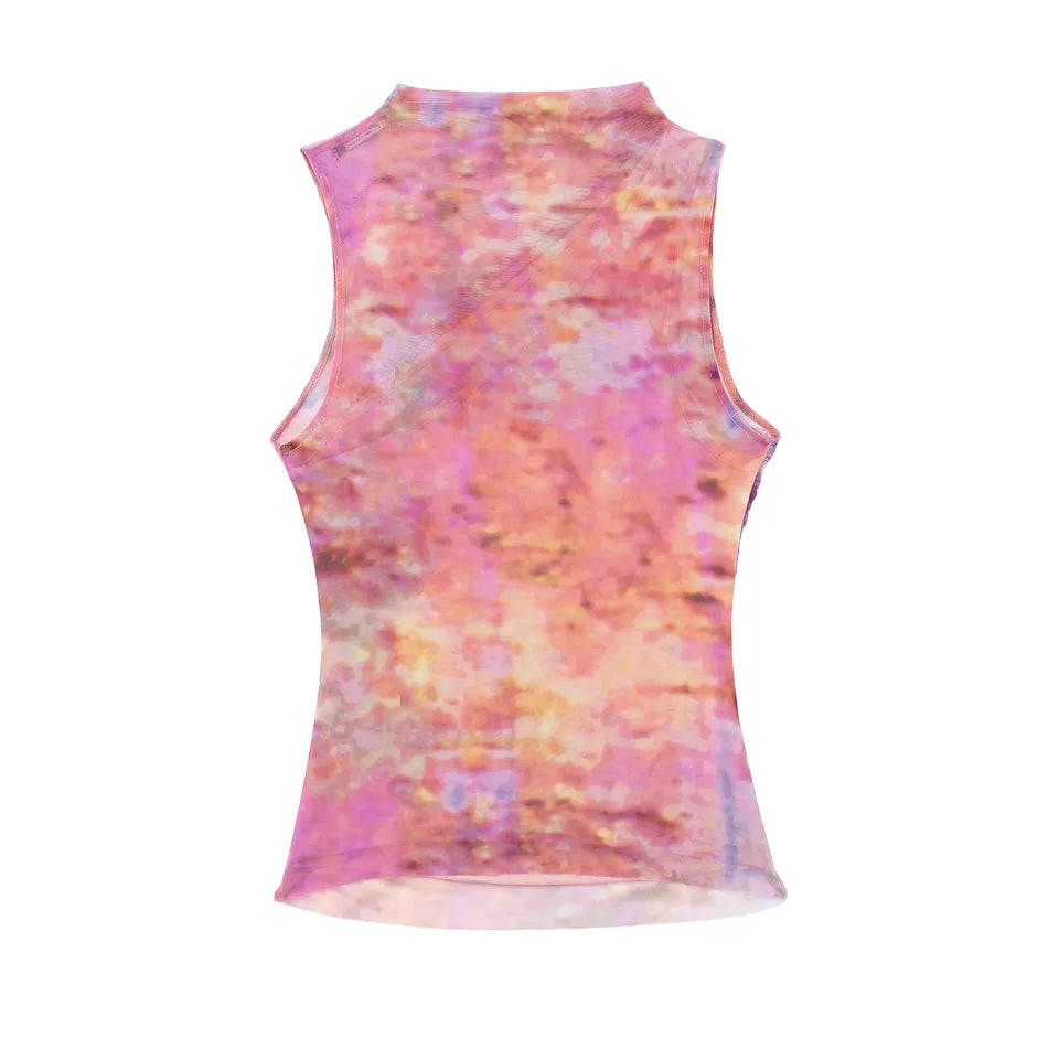 Radha Multi Color Tie Dye Crew Neckline Pleated Mesh Top