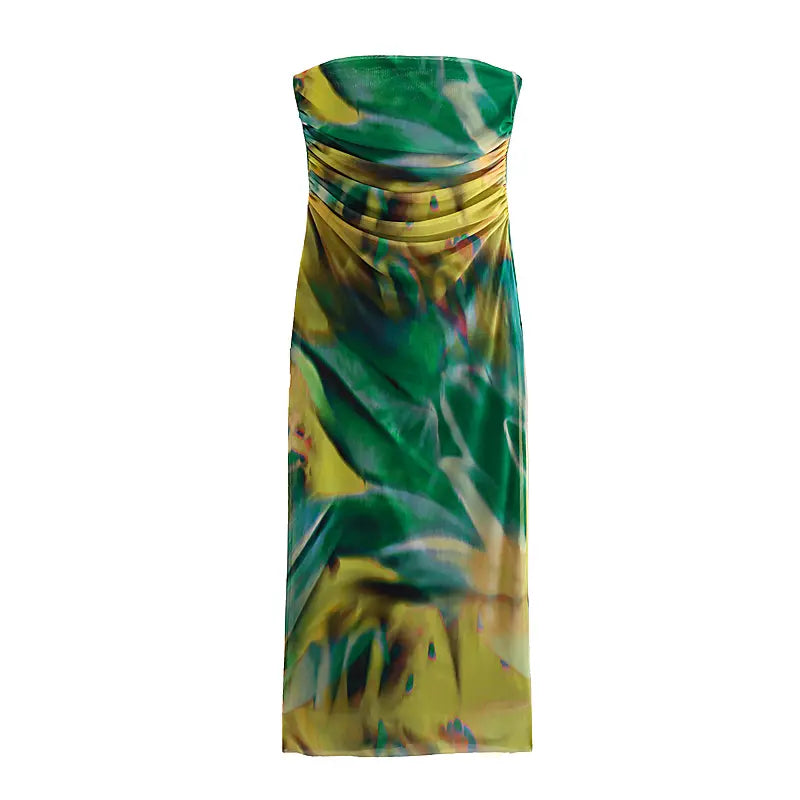 Ramiah Green Abstract Print Mesh Ruched Sides Tube Midi Dress
