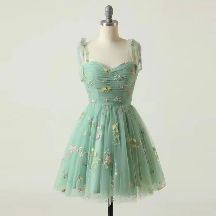 Reveka Matcha Beaded Floral Embroided Evening Mini Dress