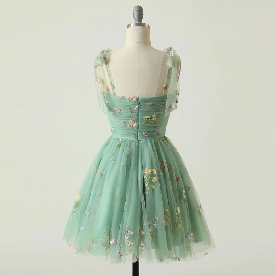 Reveka Matcha Beaded Floral Embroided Evening Mini Dress