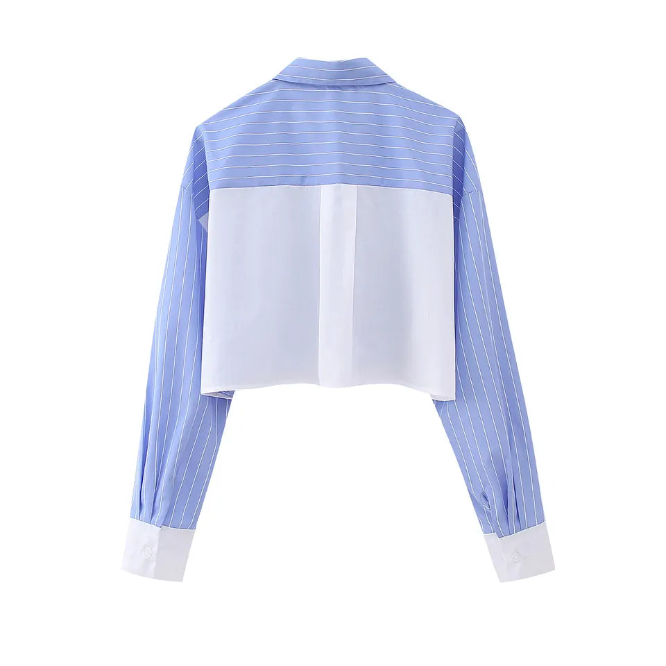 Rydel Blue with White Strpes Turn Down Collar Long Sleeves Crop top