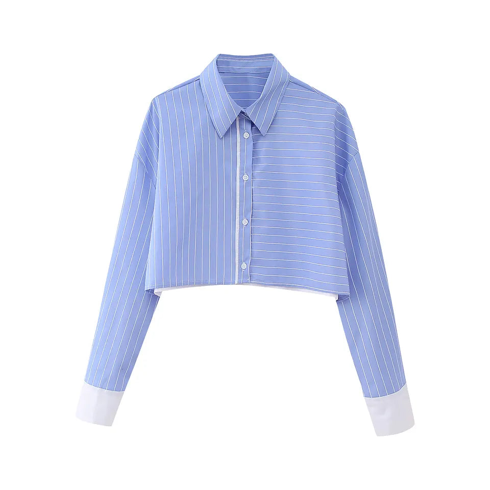 Rydel Blue with White Strpes Turn Down Collar Long Sleeves Crop top