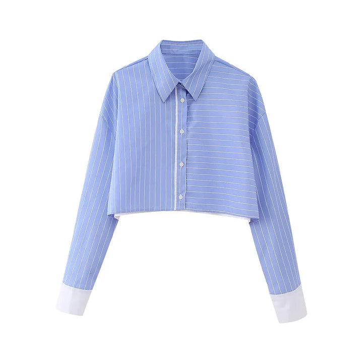 Rydel Blue with White Strpes Turn Down Collar Long Sleeves Crop top