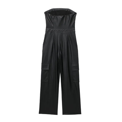 Seymour Black Leather Sleeveless Side Zipper with Pockets Tube Jumpsuit