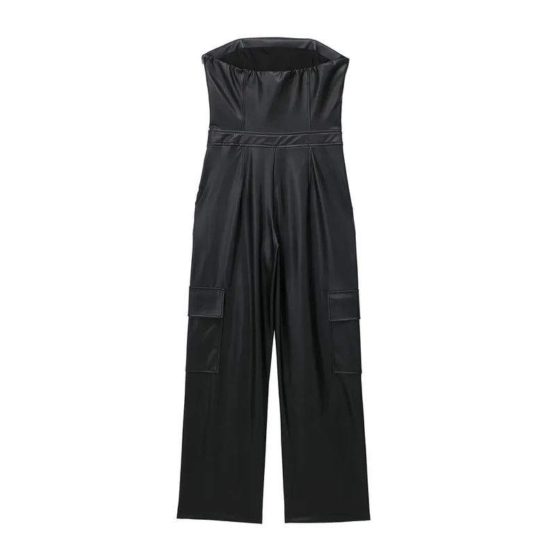 Seymour Black Leather Sleeveless Side Zipper with Pockets Tube Jumpsuit