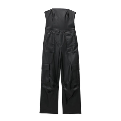 Seymour Black Leather Sleeveless Side Zipper with Pockets Tube Jumpsuit