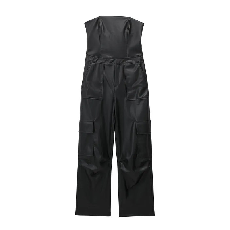 Seymour Black Leather Sleeveless Side Zipper with Pockets Tube Jumpsuit
