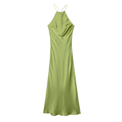 Freedom Green Satin Crisscross Sexy Back Side Zipper Sleeveless Maxi Dress