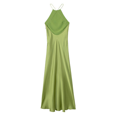 Freedom Green Satin Crisscross Sexy Back Side Zipper Sleeveless Maxi Dress