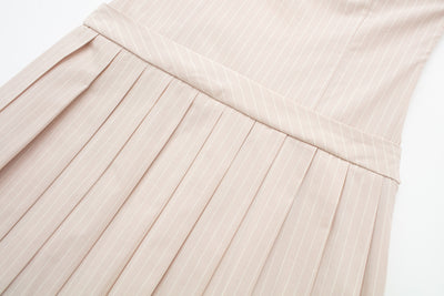 Jenah Biege with White Stripes Print Folded Neckline Pleated Mini Dress