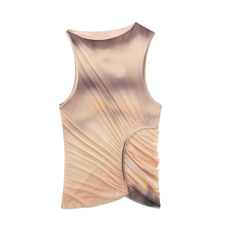 Bailee Multi Color Tie Dye Print Crew Neckline Ruch Sleeveless Top