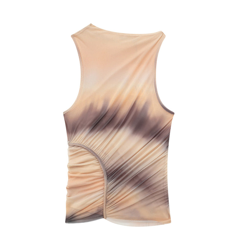 Bailee Multi Color Tie Dye Print Crew Neckline Ruch Sleeveless Top