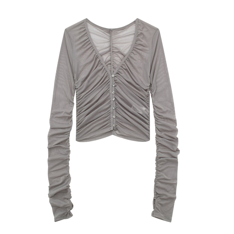 Brei Gray V Neck Buttons Up Pleated Long Sleeves Mesh Top