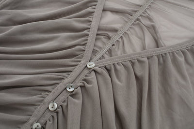 Brei Gray V Neck Buttons Up Pleated Long Sleeves Mesh Top