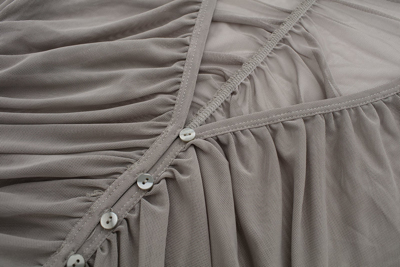 Brei Gray V Neck Buttons Up Pleated Long Sleeves Mesh Top