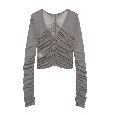 Brei Gray V Neck Buttons Up Pleated Long Sleeves Mesh Top
