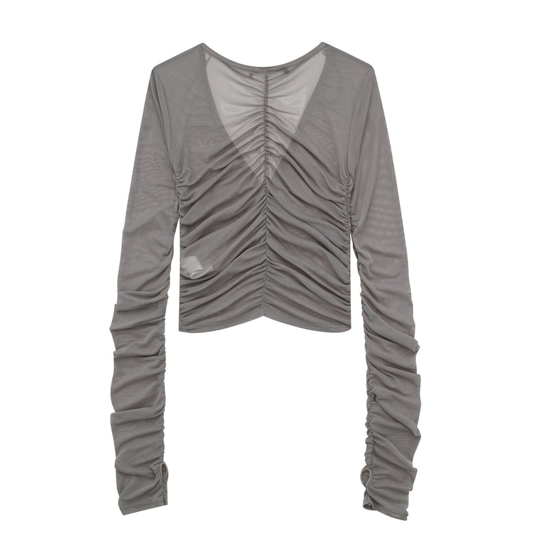 Brei Gray V Neck Buttons Up Pleated Long Sleeves Mesh Top