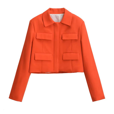 Saffron Tangerine Four Flap Pockets Collar Button Closure Long Sleeves Blazer