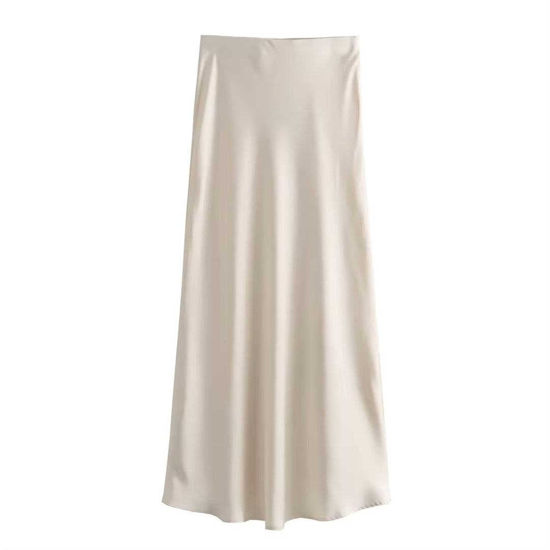 Sanity Beige Latte Satin Elastic Waist A-Line Maxi Skirt