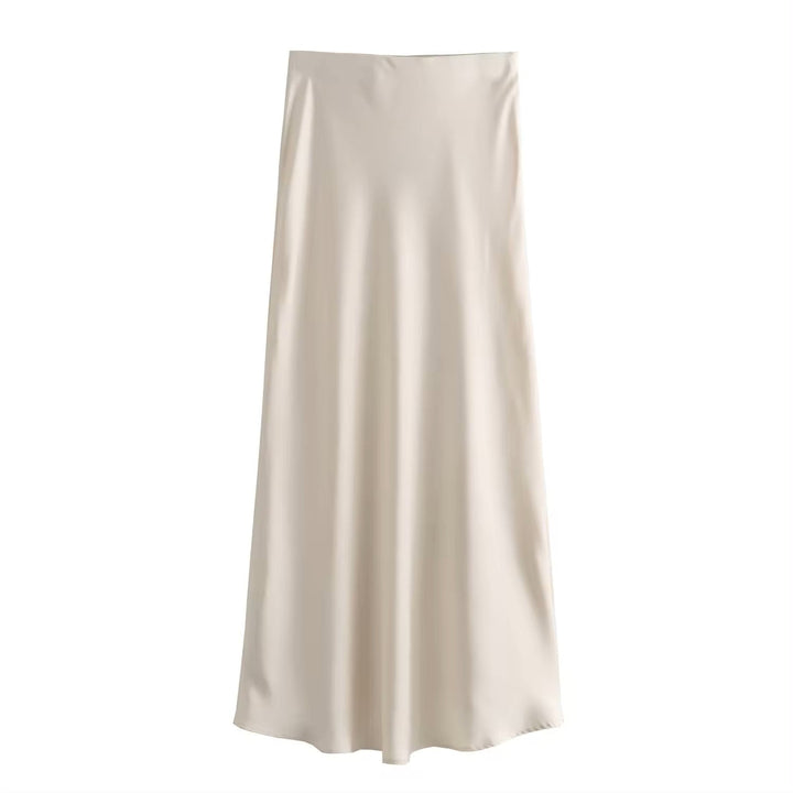 Sanity Beige Latte Satin Elastic Waist A-Line Maxi Skirt