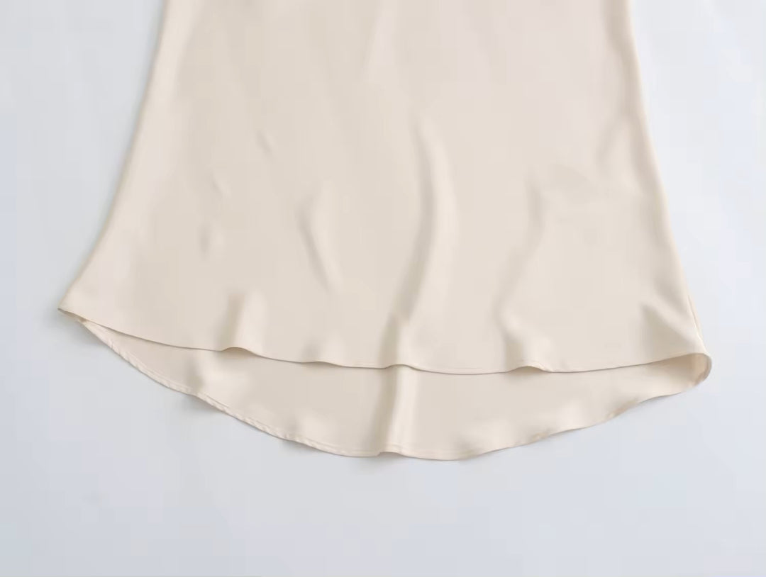Sanity Beige Latte Satin Elastic Waist A-Line Maxi Skirt