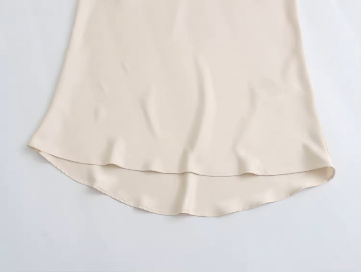 Sanity Beige Latte Satin Elastic Waist A-Line Maxi Skirt