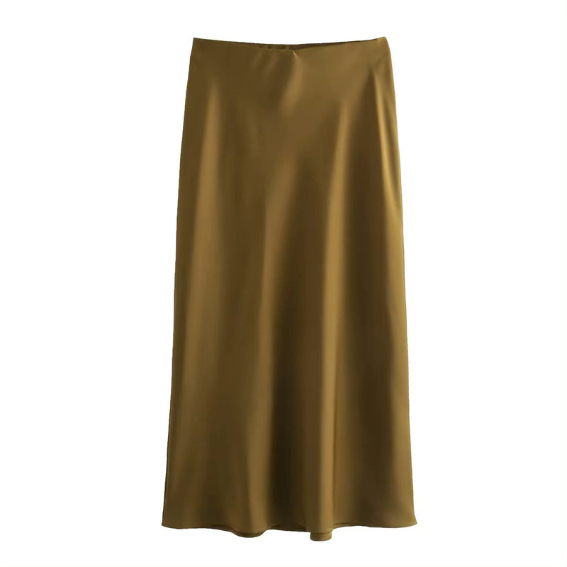 Sanity Caramel Brown Satin Elastic Waist A-Line Maxi Skirt