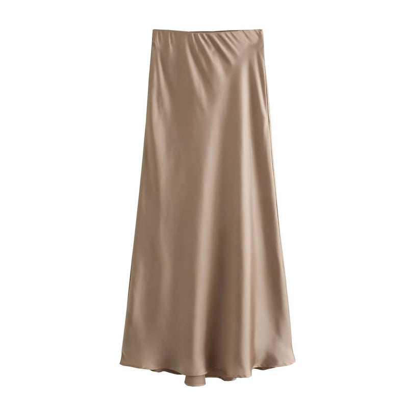 Sanity Khaki Satin Elastic Waist A-Line Maxi Skirt